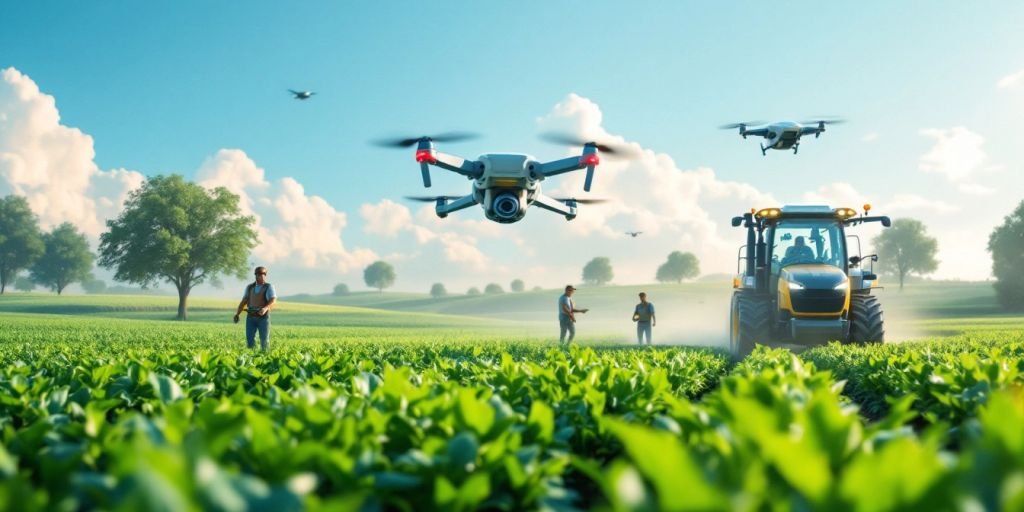 Farmers using drones and automated equipment in lush fields.