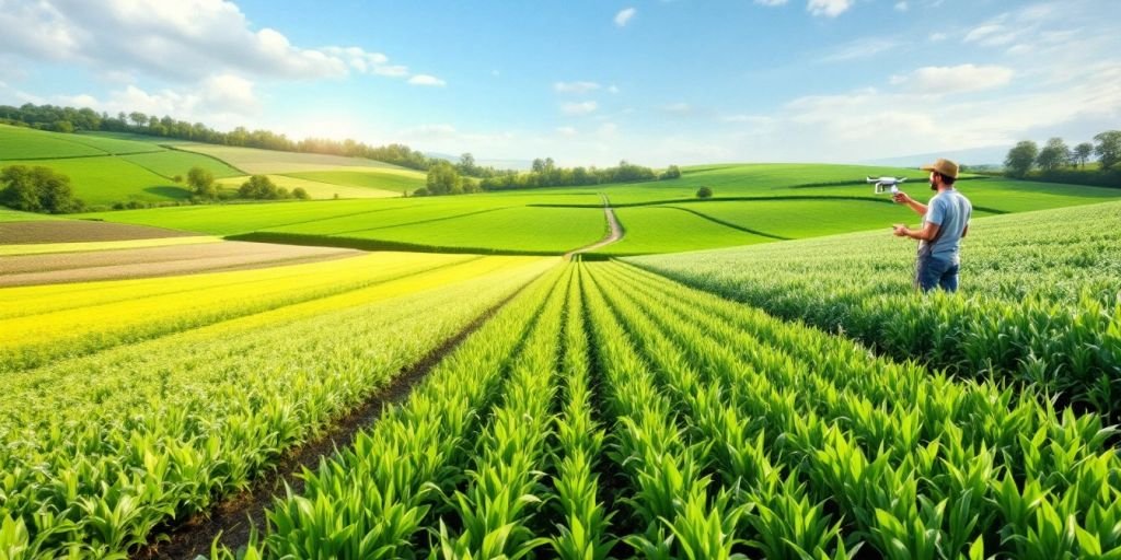 Drone-assisted farming in a lush green field.