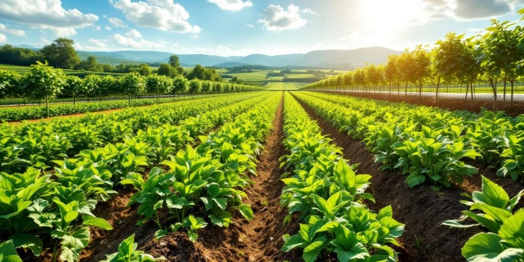 Modern farming with drones and automated equipment in fields.