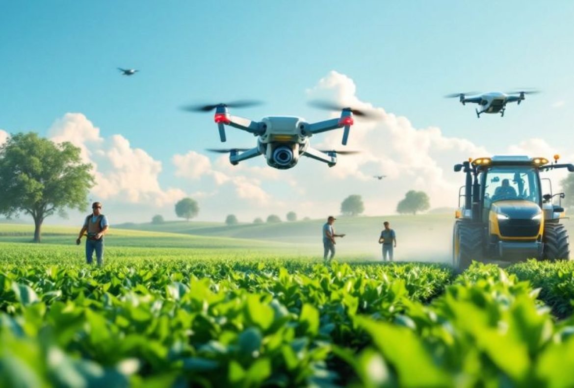 Farmers using drones and automated equipment in lush fields.