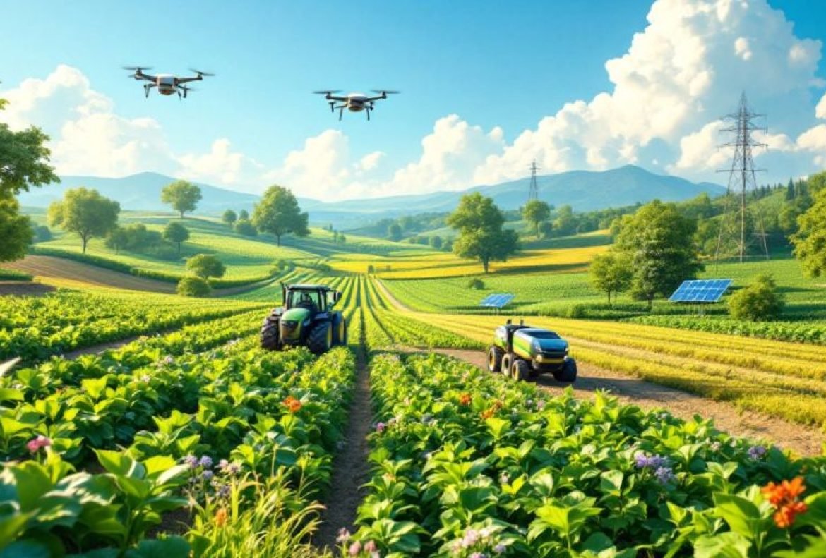 Farming landscape with advanced technology and green fields.