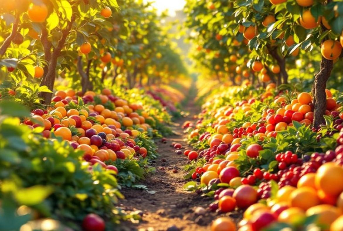 Colorful fresh fruits on a farm surrounded by greenery.