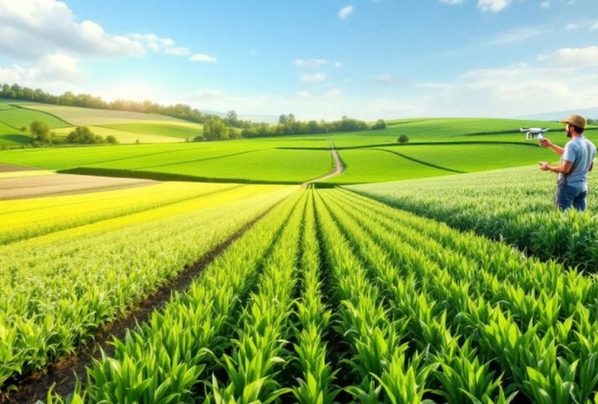 Drone-assisted farming in a lush green field.