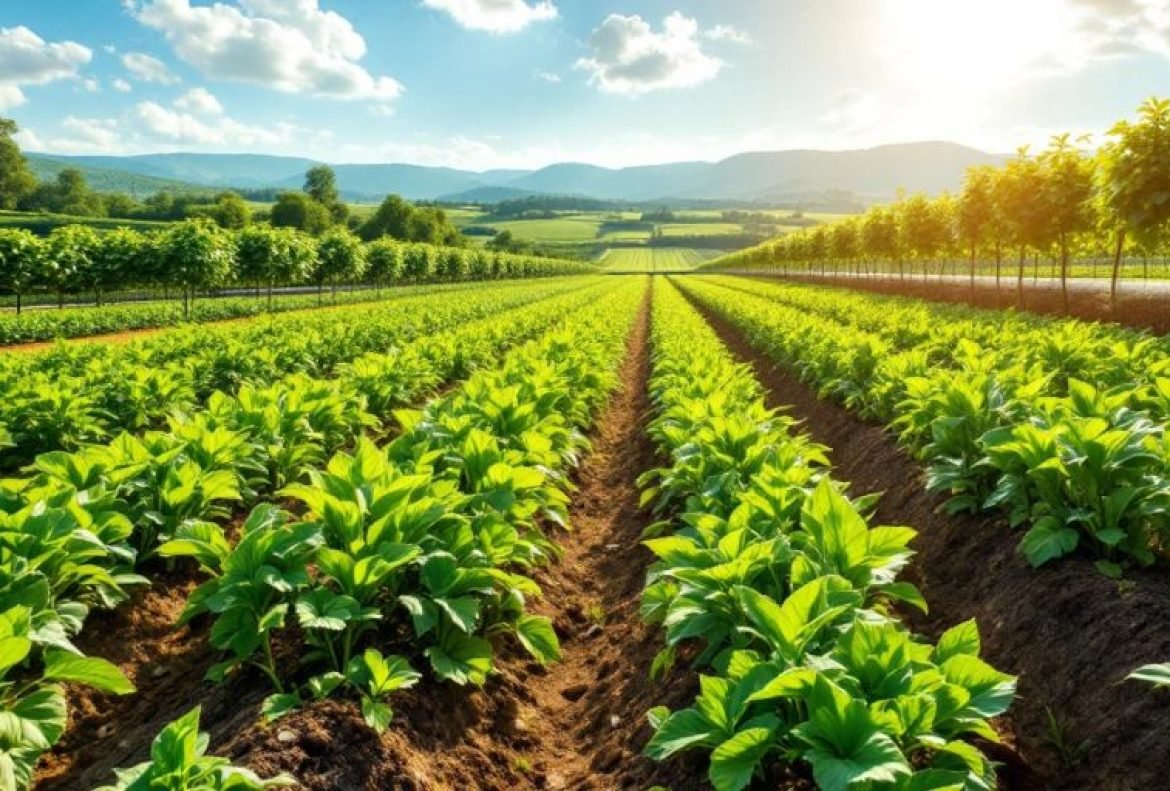 Modern farming with drones and automated equipment in fields.
