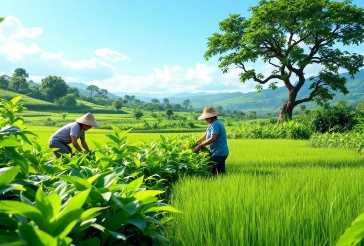 Lush green fields in Sarawak with farmers cultivating crops.